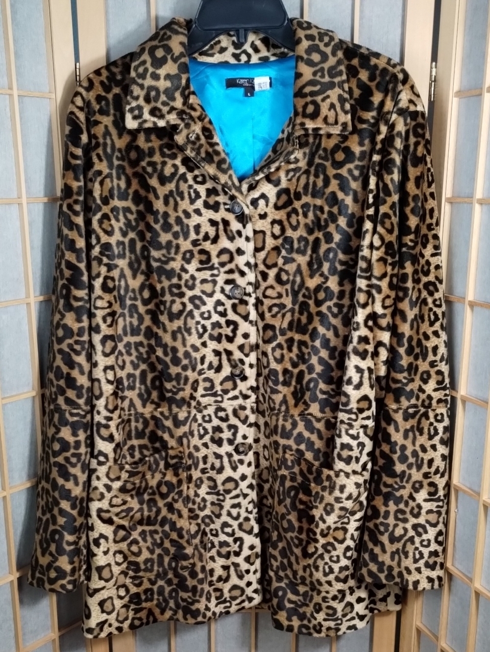 Karen Kane Faux Fur Leopard Print Mid Length Coat  Size L
